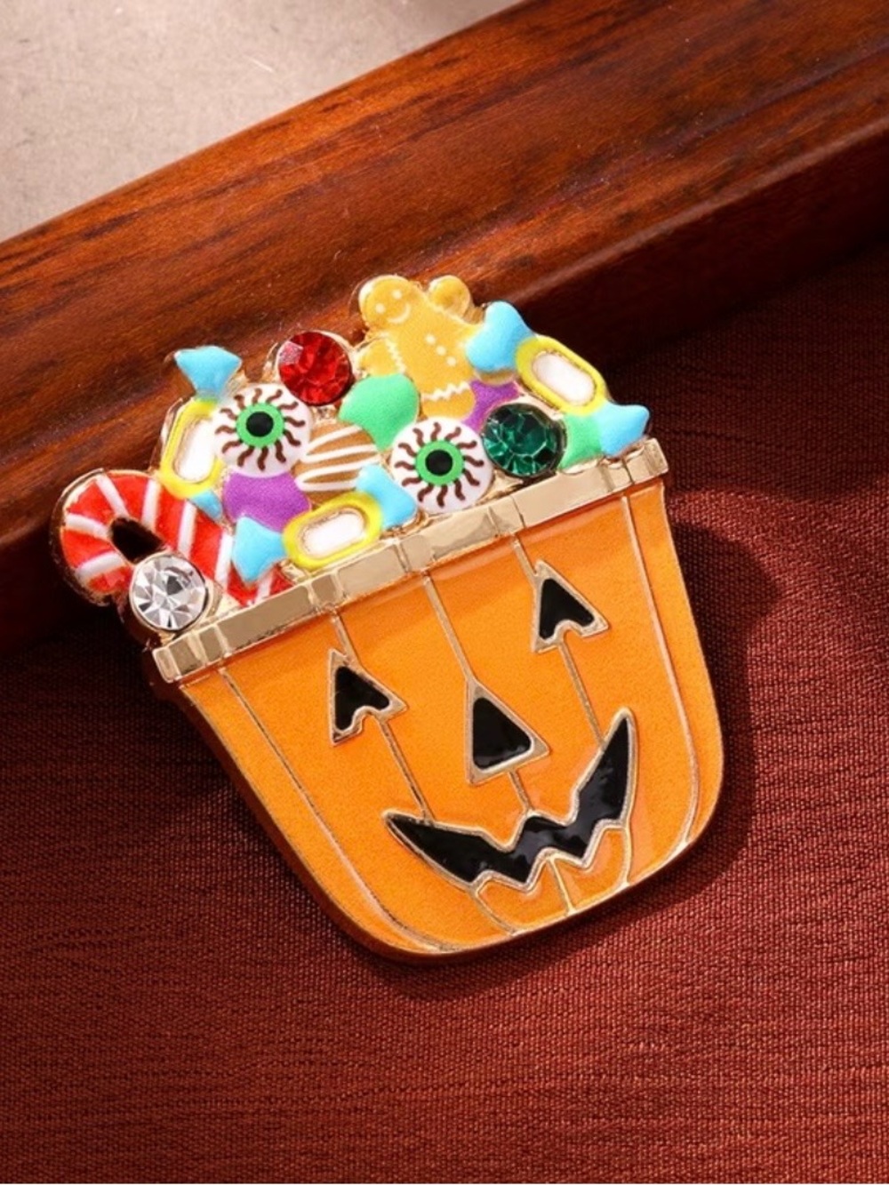 Halloween Pumpkin Candy Pin - Orange Trick-or-Treat Brooch - Picture 2 of 3